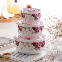 Ceramic fresh bowl three-piece bento box microwave oven special lunch box refrigerator sealed bowl with lid large instant noodle bowl