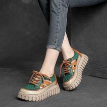 Foot Esconn Thick Bottom Sandals Women 2022 Summer New Retro Genuine Leather Pine Pastry Shoes Low Help Casual Hollowed-out Shoes