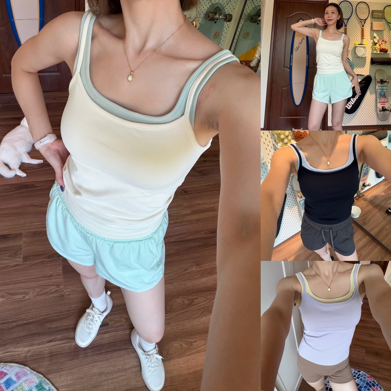 Ginngym Fake Two-Piece Camisole Sports Vest with Ribbed Fabric, Soft and Skin-Friendly, with Fixed Cup Pads Ginngym Fake Two-Piece Camisole Sports Vest with Ribbed Fabric, Soft and Skin-Friendly, with Fixed Cup Pads