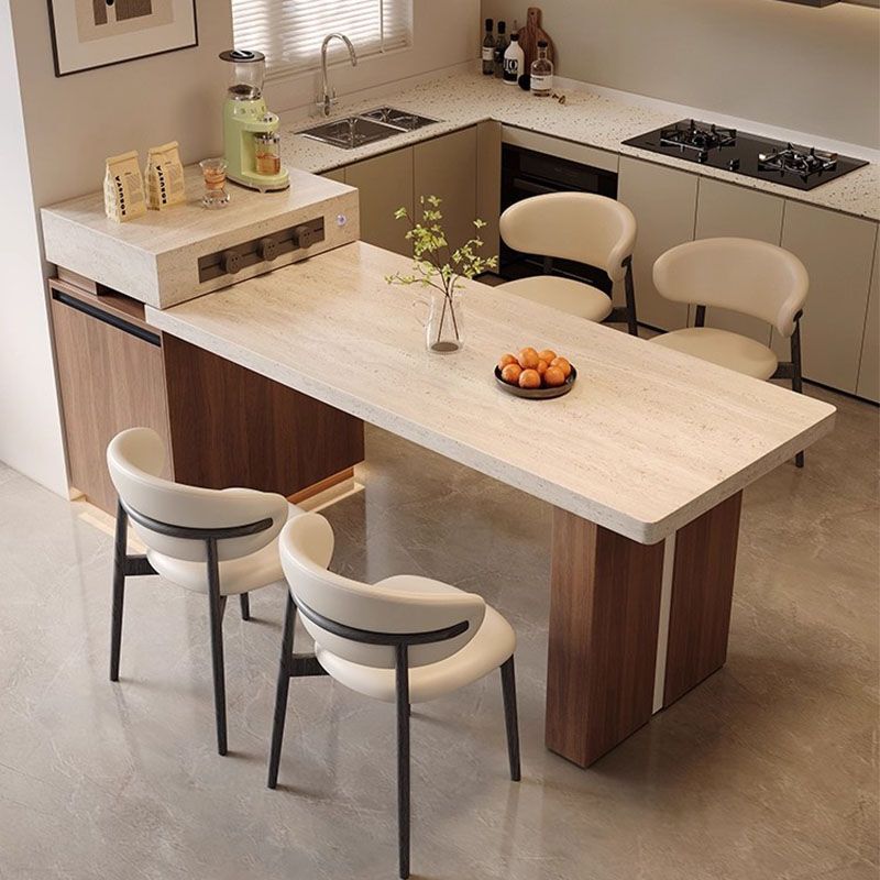 Medieval-Style Hanging Rock Slab Island Table with Integrated Extendable Dining Table and Induction Cooker for Home Open Kitchen Dining Room Bar Counter