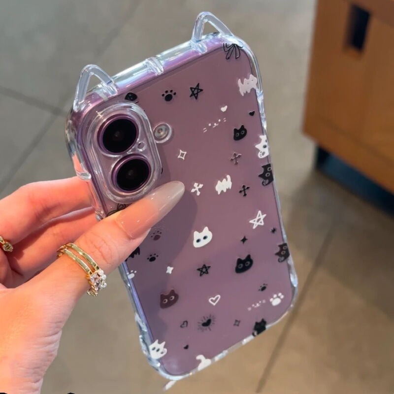 Spotted Stars Suitable for iPhone 16 Pro Max Cat Ear Transparent Apple 15 Pro Max Phone Case Silicone Soft Case 14 Pro Precision Hole Full Coverage 13 Anti-Drop Cute Protective Case 17 Pro Max