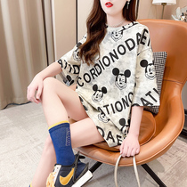 European station short-sleeved t-shirt womens loose 2022 new cartoon printing medium and long Korean version large shirt T-shirt
