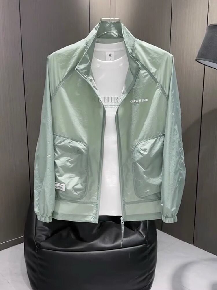 VSRJE simple outerwear summer men's sunscreen jacket simple stand collar single layer thin jacket solid color youth tops