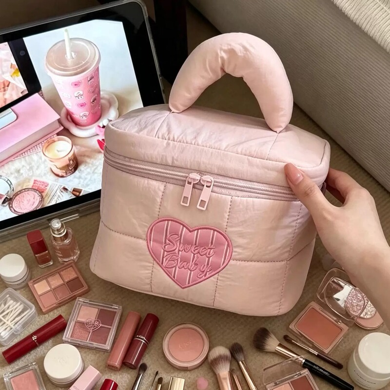 Pink Heart Embroidered Large-Capacity Cosmetic Bag, Portable Travel Toiletry and Makeup Storage Bag with Compartments