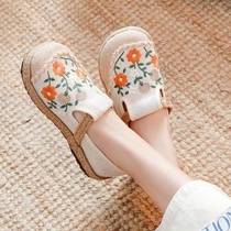 Handmade Cloth Shoes Womens Burgundy Bottom Interior Heightening Non-slip Breathable Linen Embroidered Flowers Retro National Wind Dancing Qipao