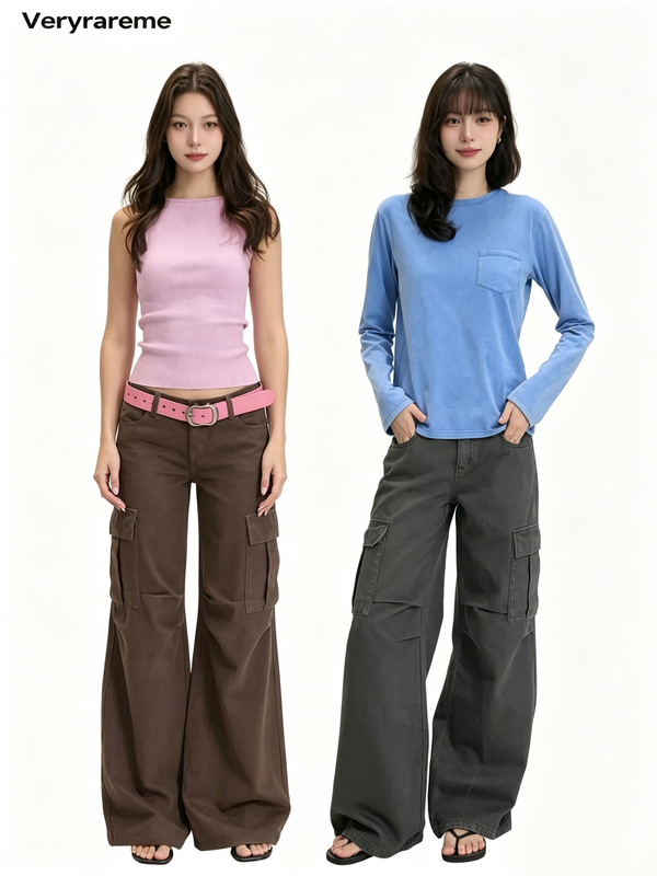Veryrareme Low-Waisted Wide-Leg Flared Pants with Large Pockets, Versatile Long Pants in Brown and Gray, Women's Cargo Pants Veryrareme Low-Waisted Wide-Leg Flared Pants with Large Pockets, Versatile Long Pants in Brown and Gray, Women's Cargo Pants