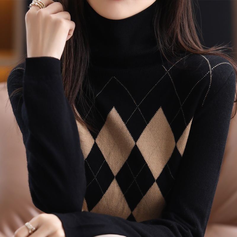 Diamond Jacquard Wool Sweater for Women, 100% Pure Wool, Turtleneck, Autumn and Winter Inner Layer, Short Cashmere Knitted Sweater Diamond Jacquard Wool Sweater for Women, 100% Pure Wool, Turtleneck, Autumn and Winter Inner Layer, Short Cashmere Knitted Sweater