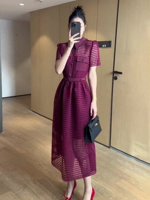 Beautiful rose purple dress spring women's 2023 new temperament high-end exquisite French hollow waist skirt