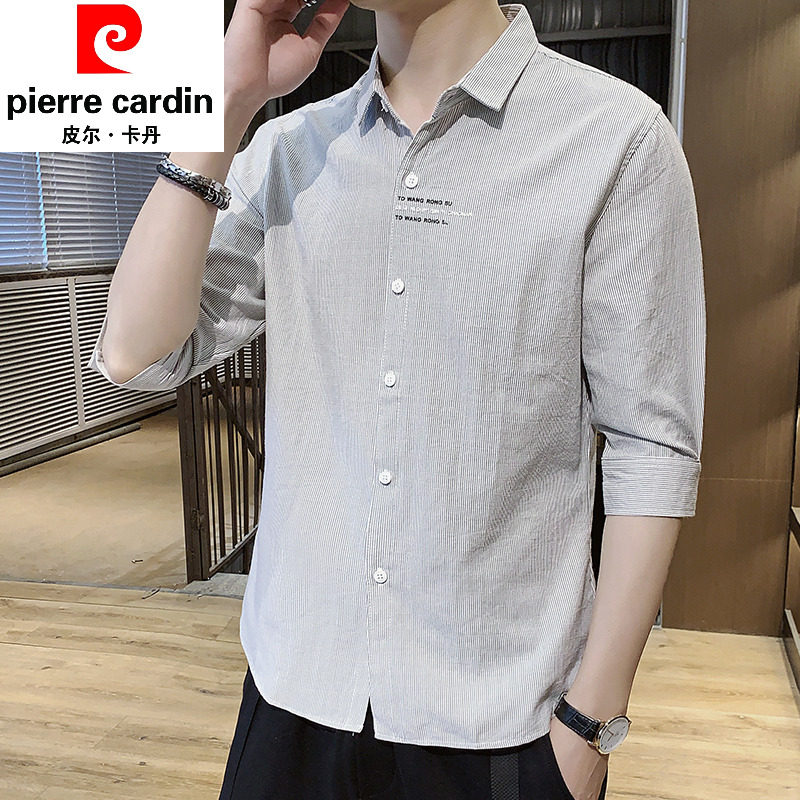 Pierre Cardin striped short sleeved shirt for men, 2026 summer new slim fit shirt, six inch mid sleeved casual top