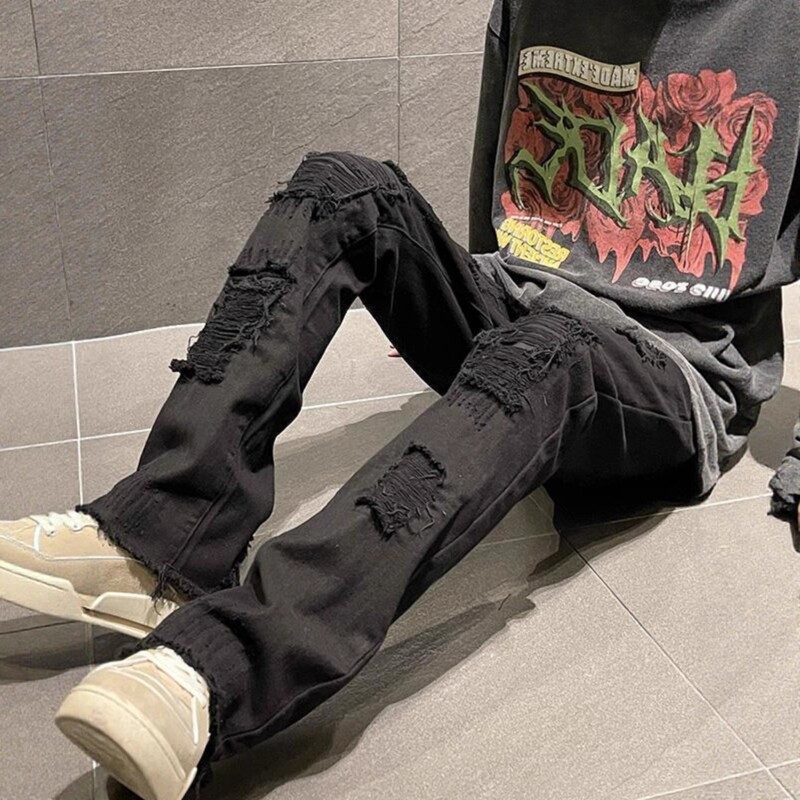 European and American High Street Vibe Pants, American Street Style Pure Black Jeans for Men, New Autumn Style with Fake Ripped Edges and Frayed Hem Long Pants