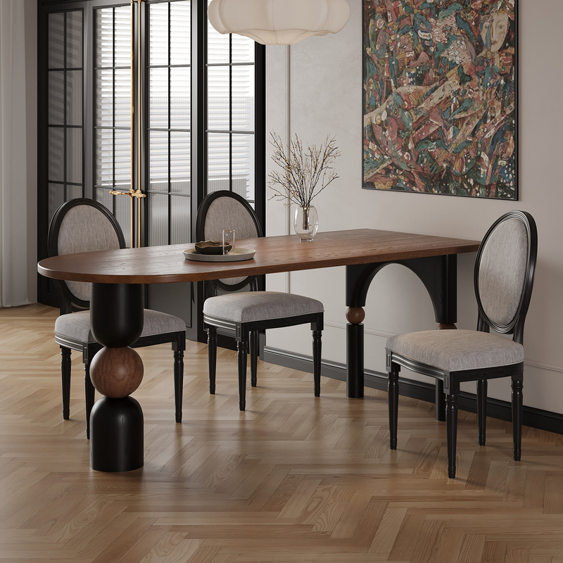 Light French-Style Retro Solid Wood Dining Table, Oval-Shaped, Home Tea Table, Black Mid-Century Style Living Room Dining Table, Desk Integrated Table Light French-Style Retro Solid Wood Dining Table, Oval-Shaped, Home Tea Table, Black Mid-Century Style Living Room Dining Table, Desk Integrated Table