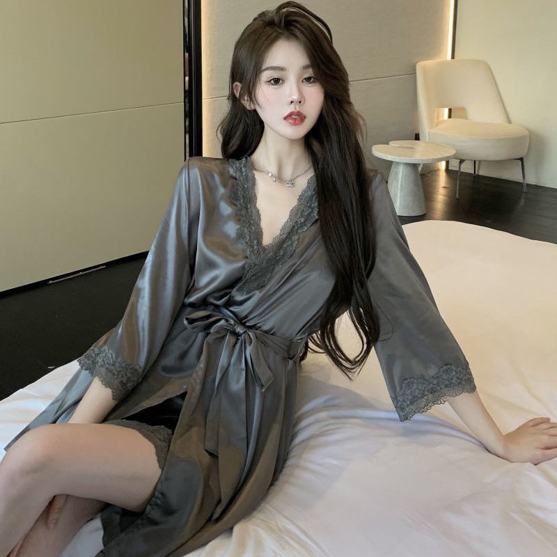 Lace ice-like silky silky nightgown home clothes summer thin style satin suspenders satin suspenders two-piece autumn