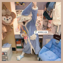Lovable bear hooded pajamas nightgown home clothing women's winter Japanese ins loose Joker padded velvet long