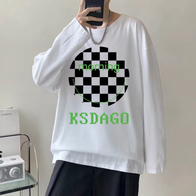 Early autumn new checkerboard printed long-sleeved T-shirt men's trendy American high street hip-hop loose English letters thick cotton Tins