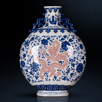 Jingdezhen Ceramic imitation antique glazed red double-ear green flower bottle Chinese home Decorative Living Room Bogu Rack Craft Pendulum