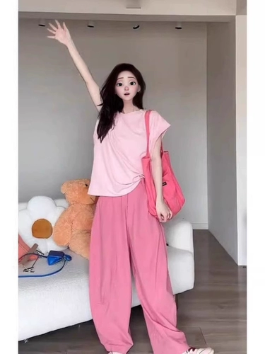 Милый розовый комплект, футболка, штаны, простой и элегантный дизайн