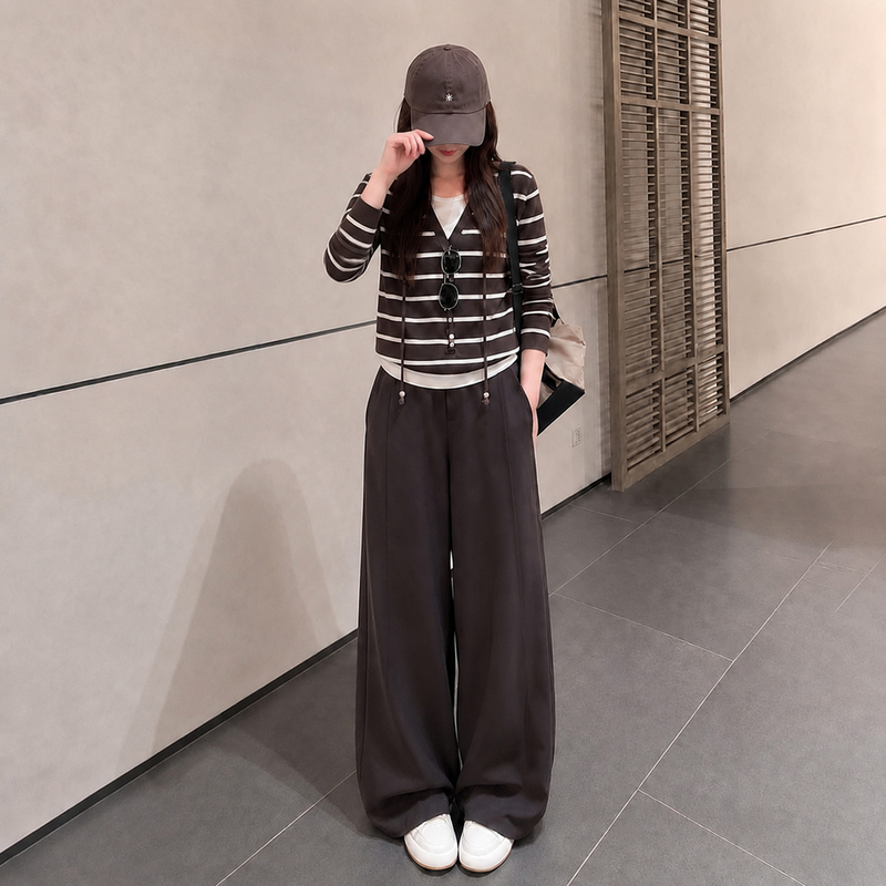 Early Autumn New Fashion Set for Women: Stylish Faux Two-Piece Knitted Hooded Top and Loose Slimming Wide-Leg Pants Two-Piece Set