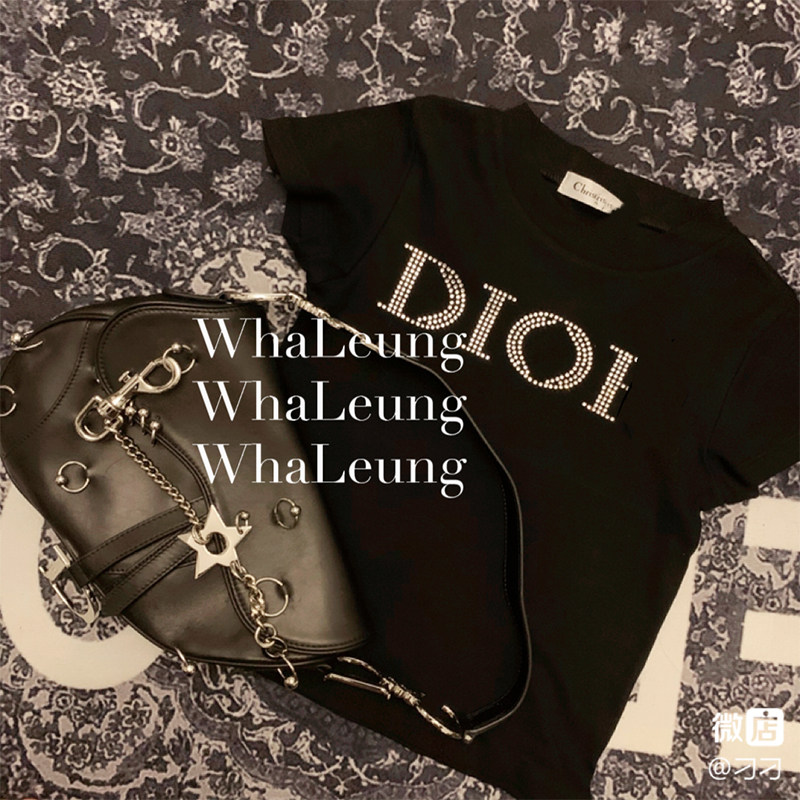 WhaLeung vintage中古水钻字母黑色短袖T恤上衣女圆领抖音同款夏