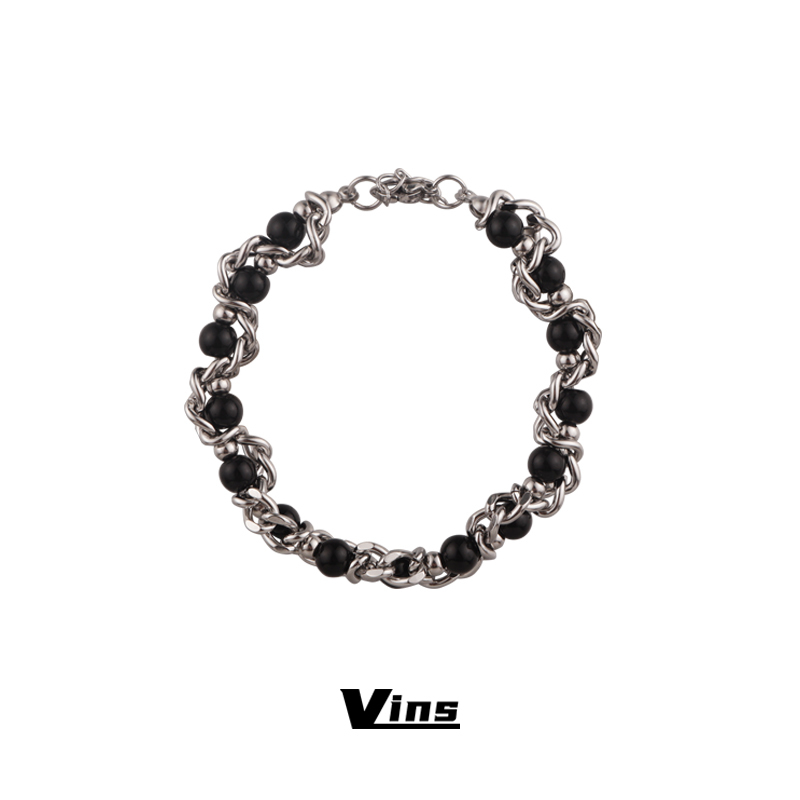 Vins Sweet Cool Girl Beaded Bracelet for Women Black Pearl Bracelet Titanium Steel Non-Fading Bracelet Versatile Light Luxury Jewelry