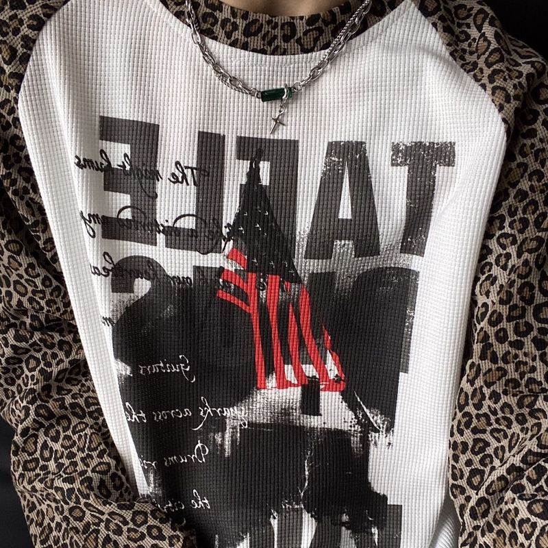 American Retro Style Leopard Print Patchwork Long-Sleeve T-Shirt with Large Flag Print Waffle Leopard Print Long-Sleeve T-Shirt Top American Retro Style Leopard Print Patchwork Long-Sleeve T-Shirt with Large Flag Print Waffle Leopard Print Long-Sleeve T-Shirt Top