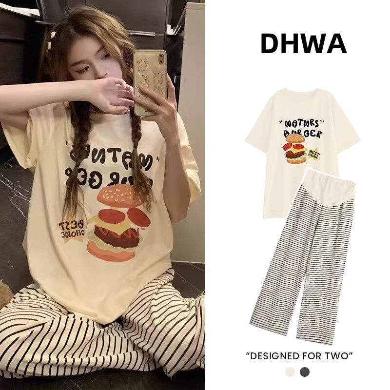 British Dhwa Maternity Set 2026 Summer New Style Short-Sleeved Striped Pants Pajamas Home Wear Set That Can Be Worn Outside