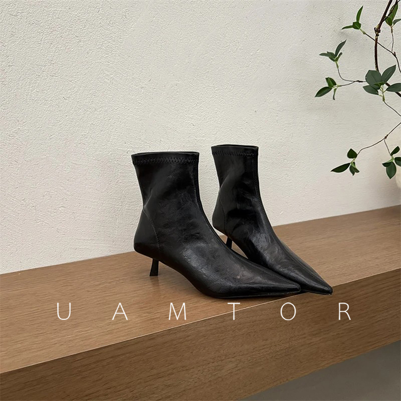 French Uamtor Pointed-Toe Elegant High-Heeled Short Boots for Women 2026 Spring and Autumn Versatile Slip-On Soft Leather Kitten Heel Slim Boots