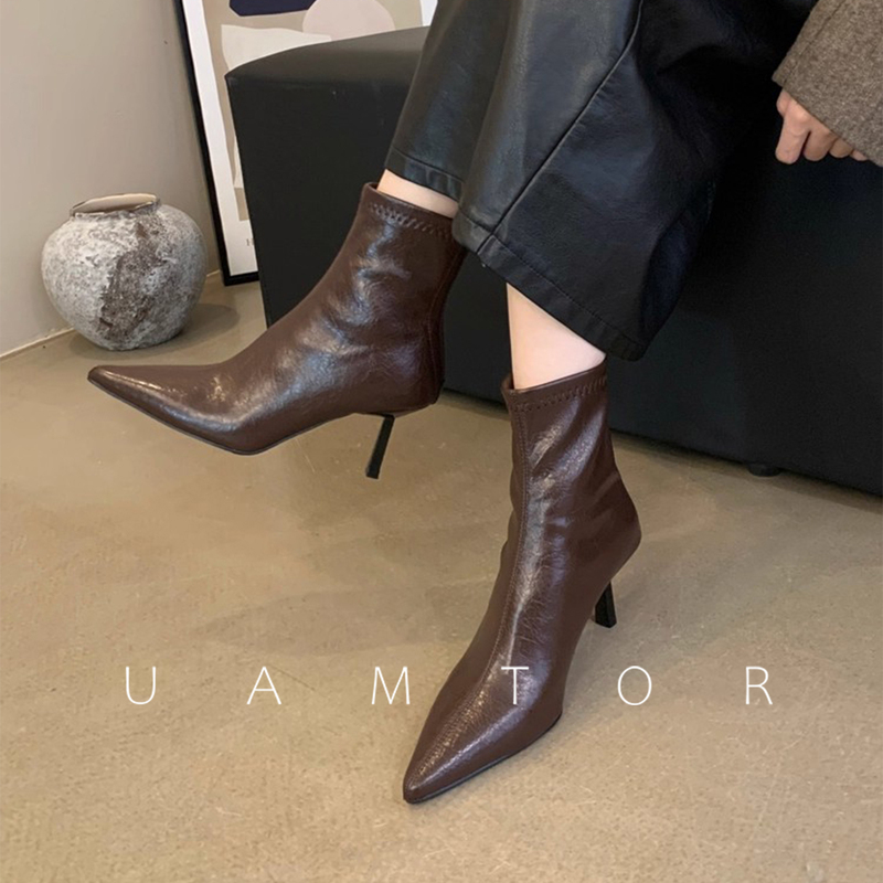 French Uamtor Brown Pebbled High-Heeled Short Boots for Women 2026 Autumn and Winter European and American Pointed Toe Stiletto Slim Boots French Uamtor Brown Pebbled High-Heeled Short Boots for Women 2026 Autumn and Winter European and American Pointed Toe Stiletto Slim Boots
