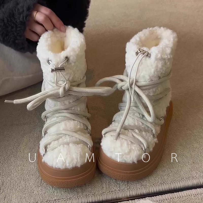 French Uamtor Thick-Soled Fleece-Lined Thick Fur Boots Women's Snow Boots 2025 Winter White Warm Northeast Cotton Shoes
