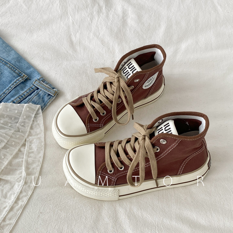 French Uamtor American Retro High-Top Canvas Shoes for Women 2026 Autumn and Winter Thick-Soled Mango Toe Casual Sneakers