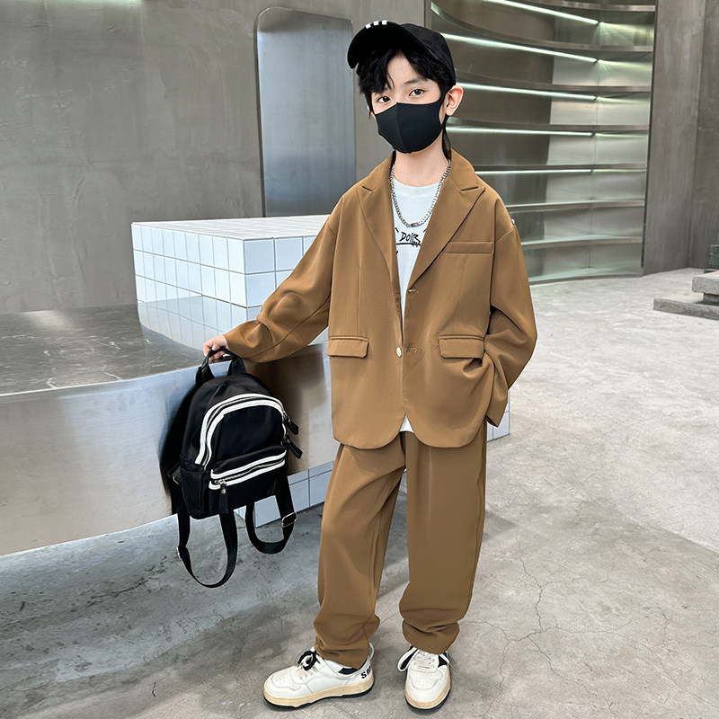 Boy suits suit Spring and autumn money 2023 new children Black autumn clothing Chaochio Street casual boys Two sets-Taobao