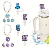 Round dripping English letter alloy pendant Stanley cup straw cover party pearl chain decorative pendant