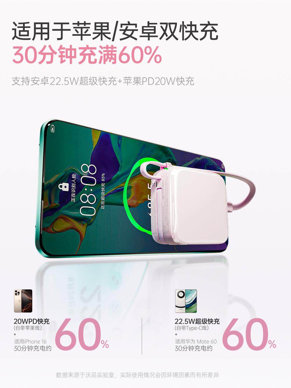 Wopow Three-In-One Small Cube Power Bank with Built-In Plug and Cable, Large Capacity, Fast Charging, Compact Mini Mobile Power Supply, 2025 New Model D