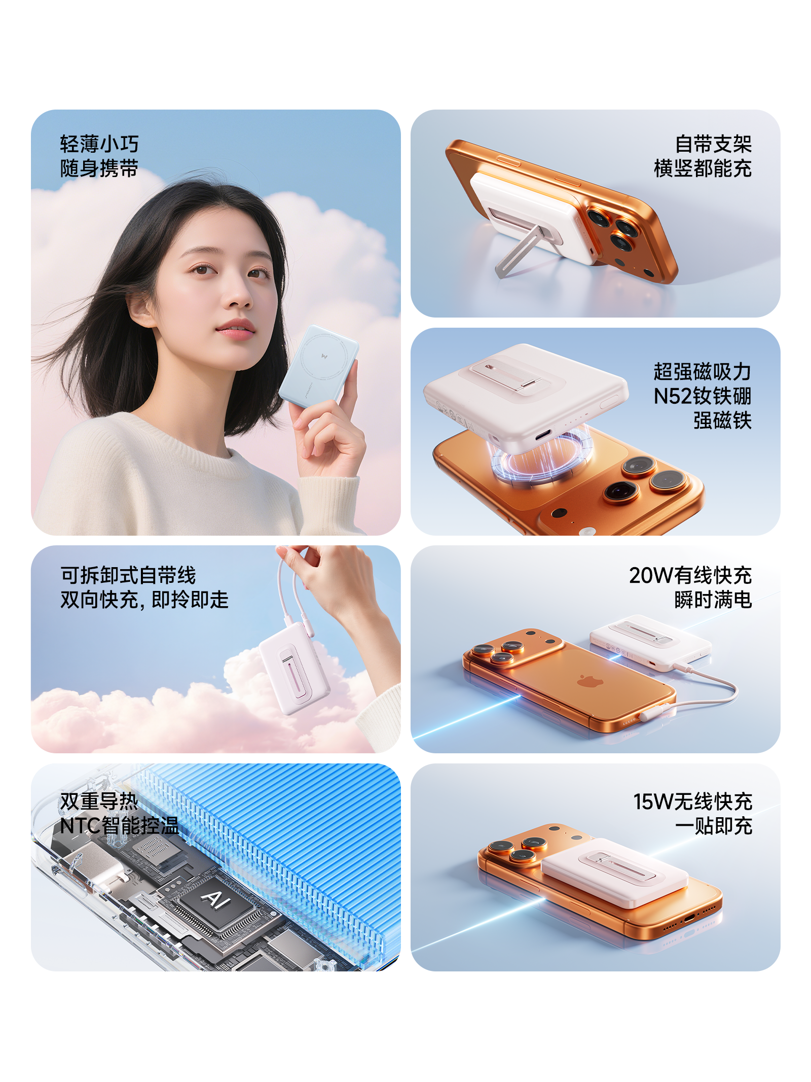 [Super New Product] Magnetic Stand 3-in-1 Wopow Wireless Power Bank Ultra-Thin with Built-In Cable 3C Certified Airplane-Friendly Compact Portable Large Capacity Mobile Power Supply 2025 New Model