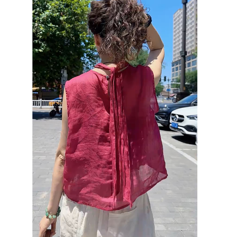 Fashionable Retro Ribbon Stand-Up Collar Sleeveless Thin Vest Shirt for Women Summer New Style High-End Loose Short Top