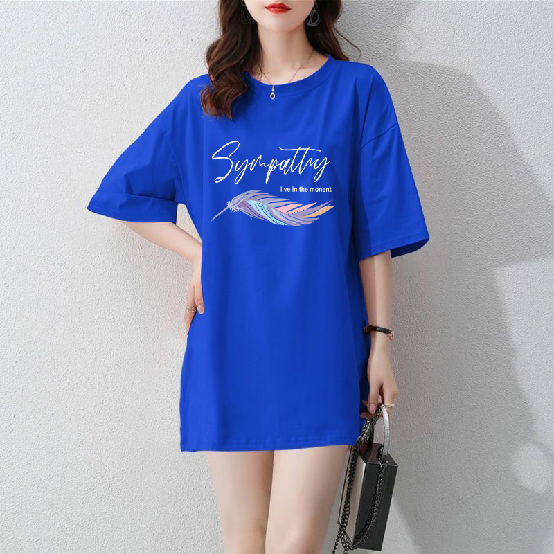 Summer New Klein Blue Short-Sleeve T-Shirt for Women, Pure Cotton, Casual Loose Fashion Mid-Length Versatile Top, Trendy on Instagram