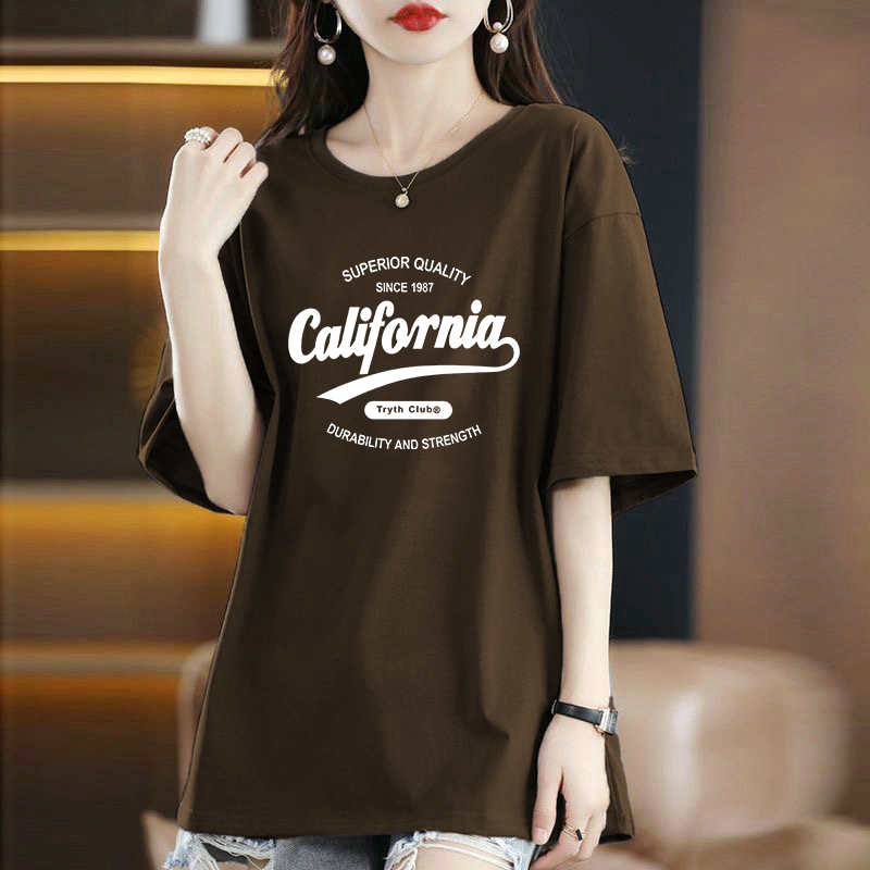 Brown Pure Cotton Loose Short-Sleeve T-Shirt for Women, New Summer European Style, Oversized Mid-Length Fashion Versatile Top