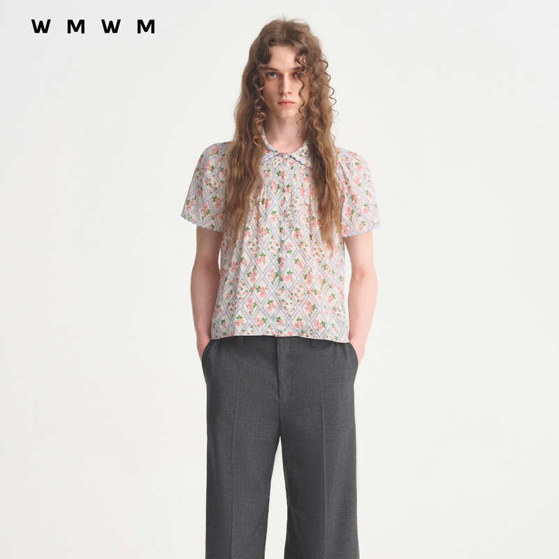 【Wmwm】2026 Early Autumn New Fashion Trend Embroidered Peter Pan Collar Pleated Printed Shirt Casual Style