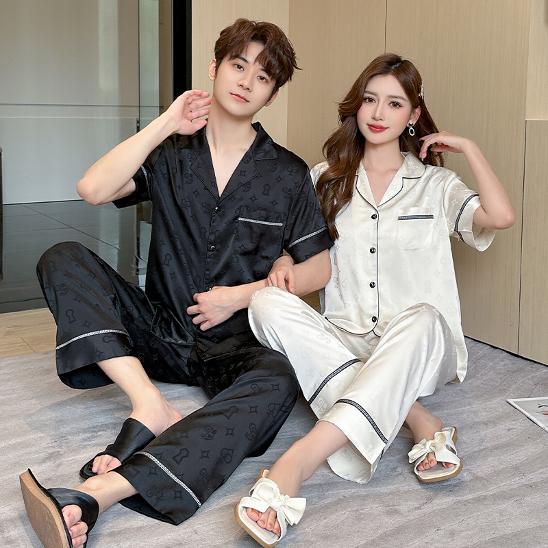 2026 New Couple Pajamas, One for Men and One for Women, Spring and Summer Ice Silk High-End Short-Sleeved Home Wear Two-Piece Set