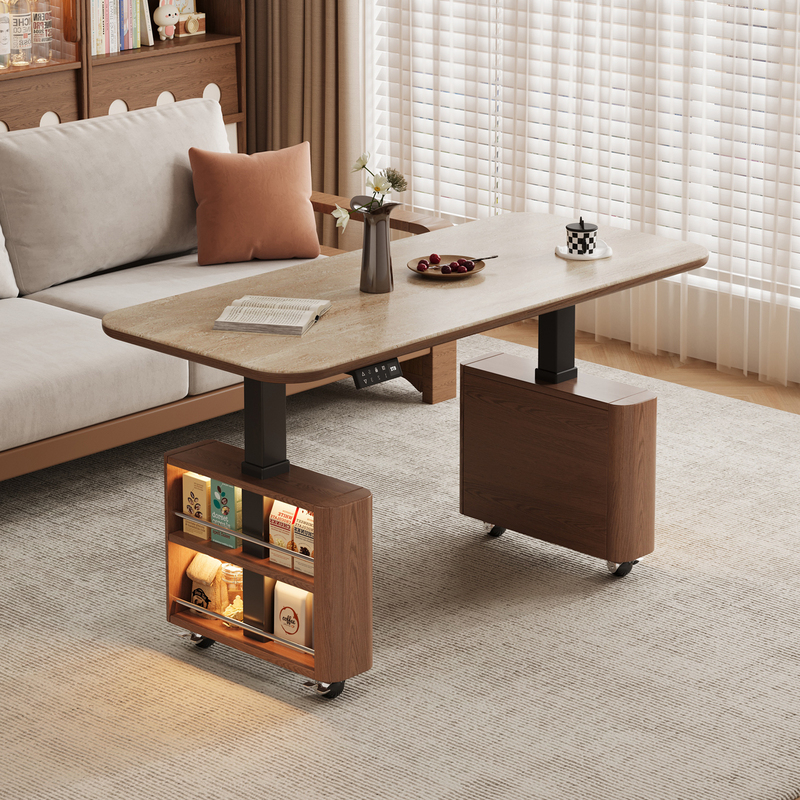 Suitable for Small Apartments, Mid-Century Style Coffee Table, Main Living Room, High-End Feel, Liftable, All-Solid Wood Dining Table, Integrated Multi-Functional Table