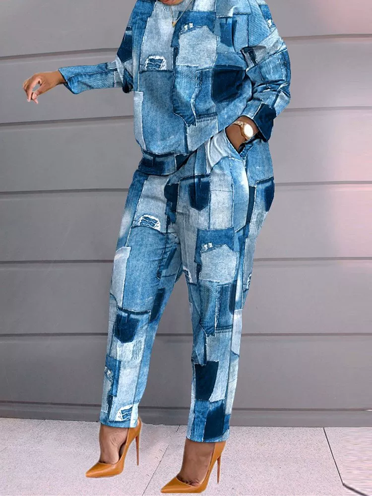 Women pants set 23 plus-size print patchwork long tracksuits