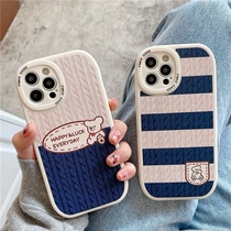 Applicable iPhone13promax mobile phone shell net red small bear apple 12pro silicone gel soft shell sweater blue and white striped 11promax female with cartoon ins wind xsma