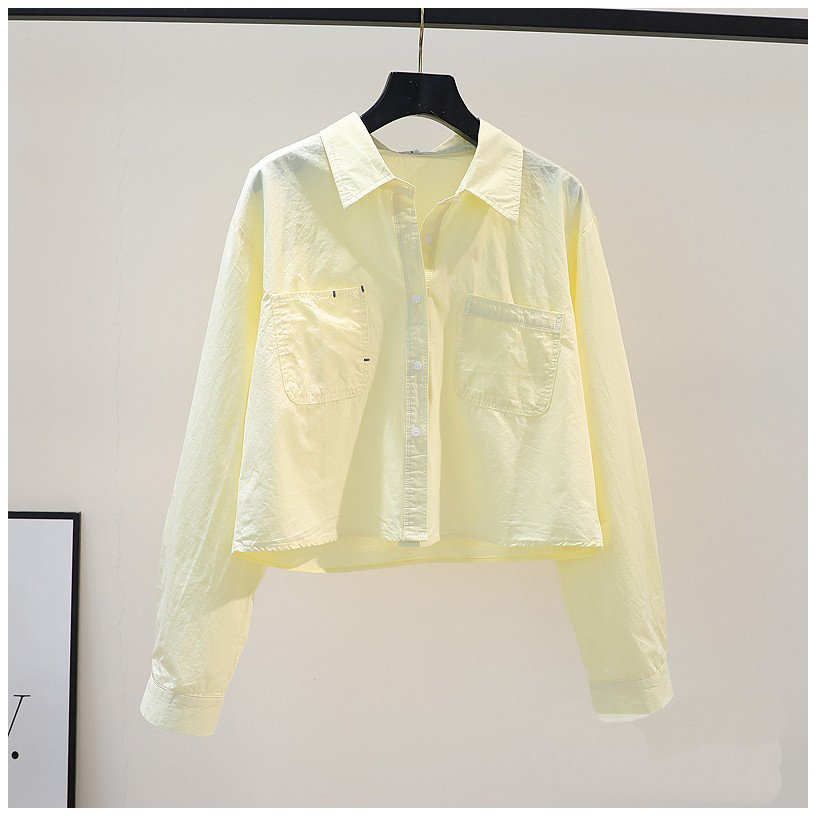 Fresh yellow short mini-skirt, autumn shirt, long-sleeve, loose fit Fresh yellow short mini-skirt, autumn shirt, long-sleeve, loose fit