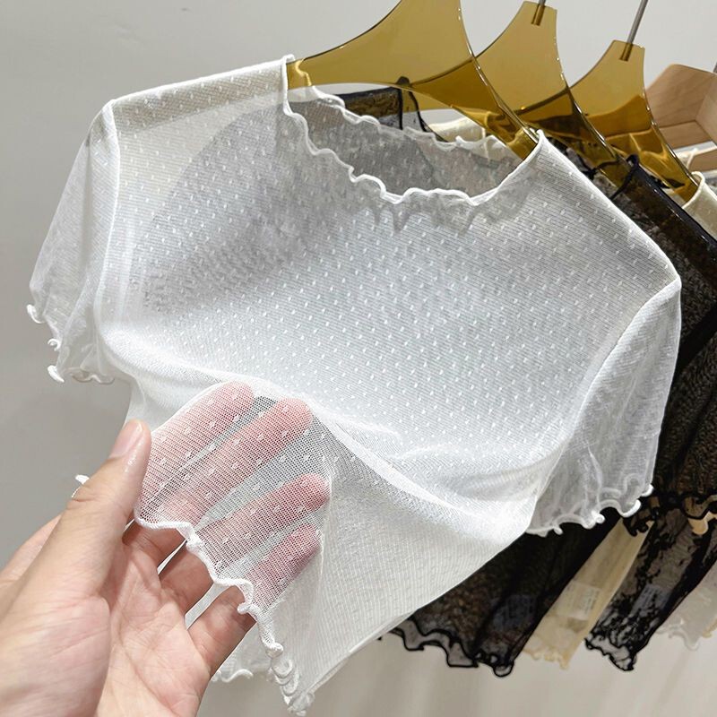 White Mesh Undershirt for Women, Summer Transparent Short-Sleeve T-Shirt, Slip Dress Inner Layer, Sheer Half-Length Lace Top