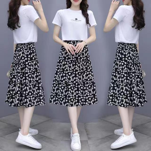 2024 New Style Fresh Chiffon Floral Midi Skirt Daisy Mid-Length Dress Two-Piece Set