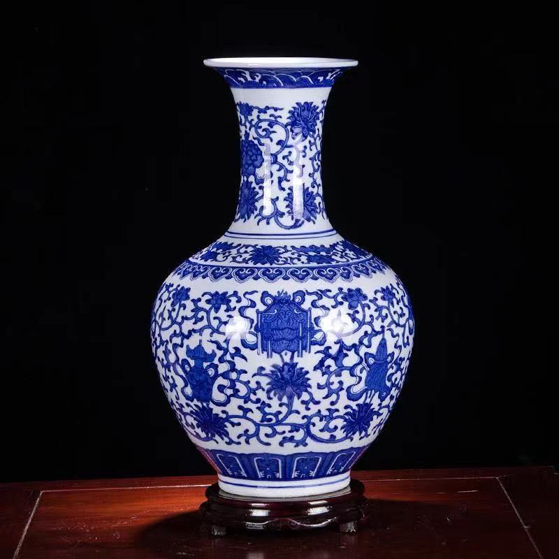 Ceramic vase light luxury ceramic flower arrangement dry flower ornament blue and white porcelain antique Chinese home living room bedroom large decoration