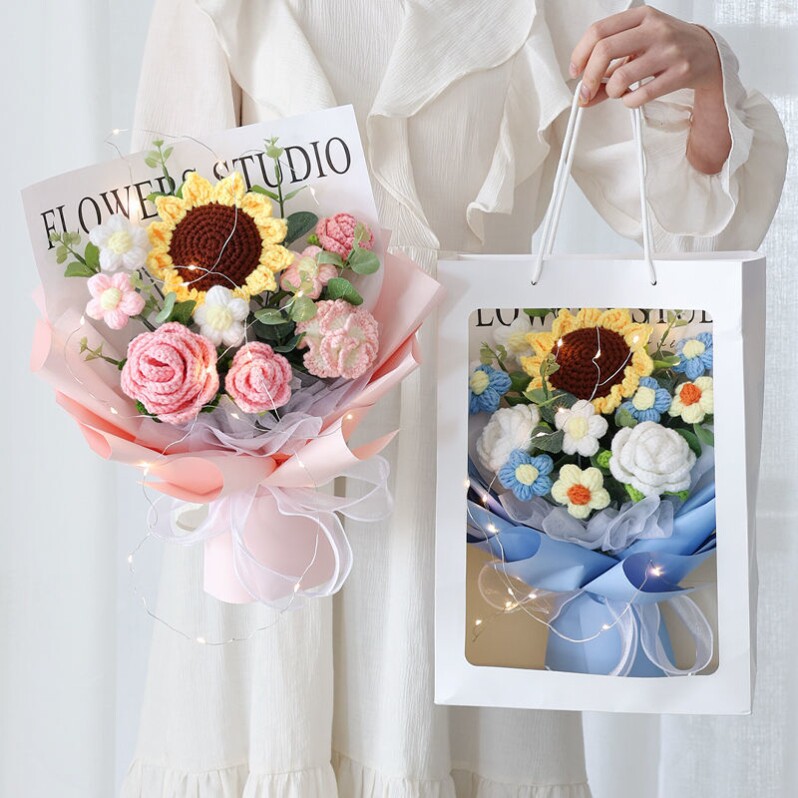 Creative Sunflower Rose Simulation Wool Bouquet of Milk Cotton Handmade Birthday Gift Mixed Flowers