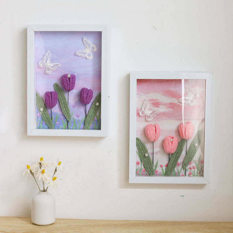 DIY Creative Knitting Tulip Milk Cotton Yarn Bouquet Homemade Weaving Photo Frame Birthday Gift Crochet Girlfriend