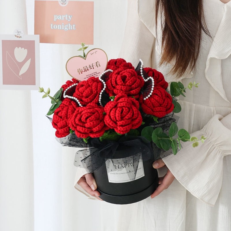 diy knitting yarn rose hug bucket hand holding flower milk cotton weaving handmade gift for boudoir honey girlfriend
