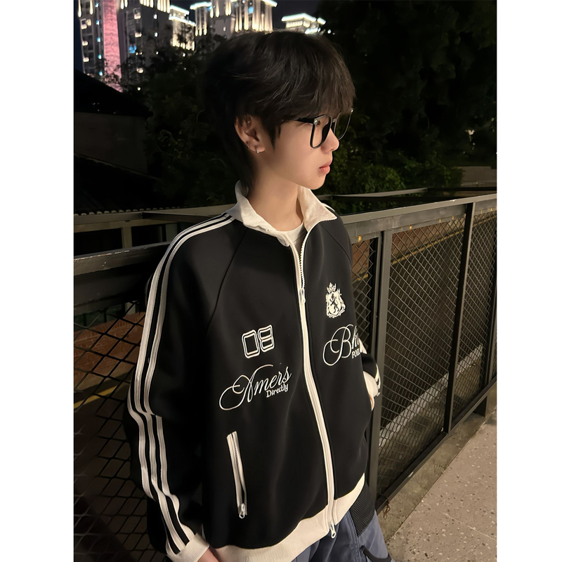 American Retro Striped Letter Cardigan Stand Collar Sweatshirt Men's Autumn National Fashion Brand Sports Zipper Cardigan Jacket American Retro Striped Letter Cardigan Stand Collar Sweatshirt Men's Autumn National Fashion Brand Sports Zipper Cardigan Jacket