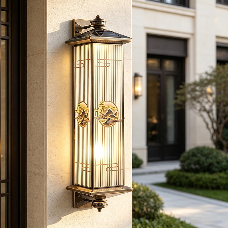 All-Copper Solar Wall Lamp for Outdoor Use, New Chinese-Style Waterproof Garden Villa Long Wall Lamp for the Sides of the Main Gate